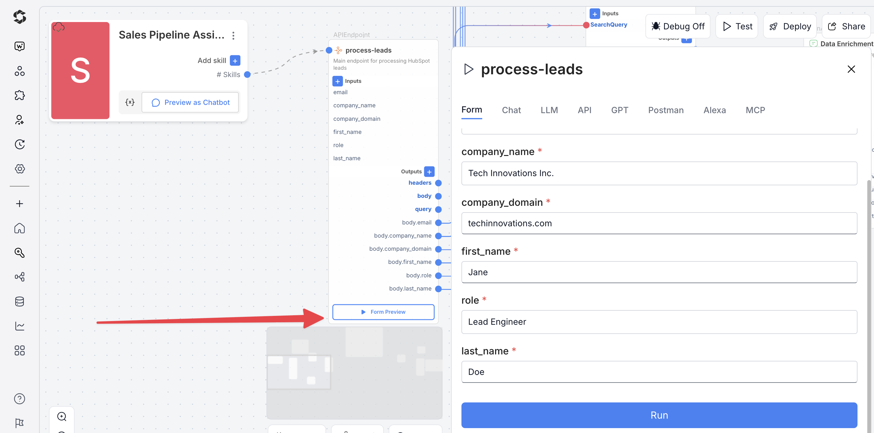Testing Sales Pipeline Assistant Agent from Form Preview